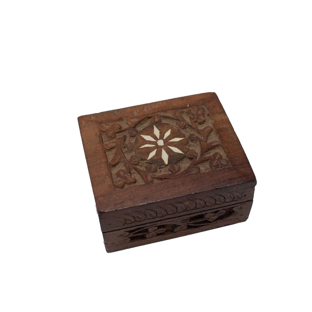 Hand Carved Wood Trinket Box Rustic Inlay Design India Vintage jewelry tray